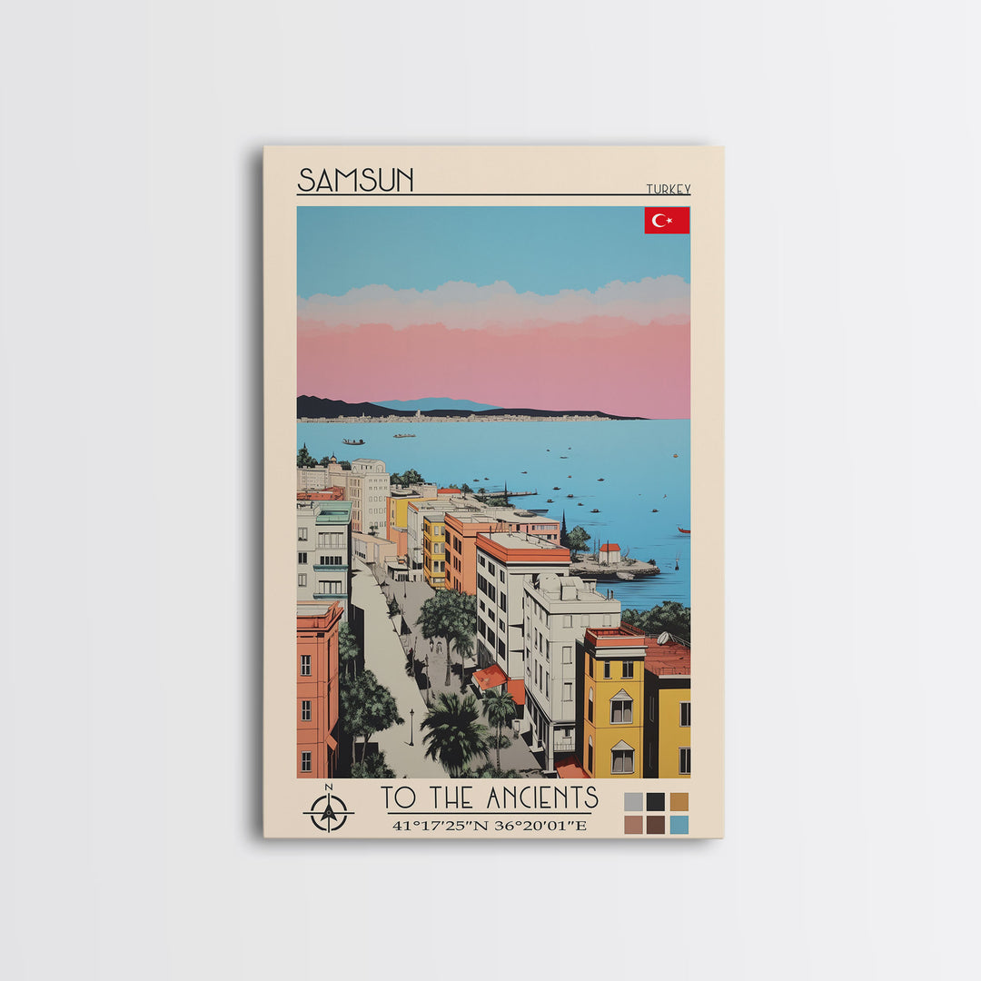 Samsun Turkey Travel Poster Framed Canvas Print, Midcentury Modern Art, Pop Art Wall Decor, Living Room Art, Vacation Gift