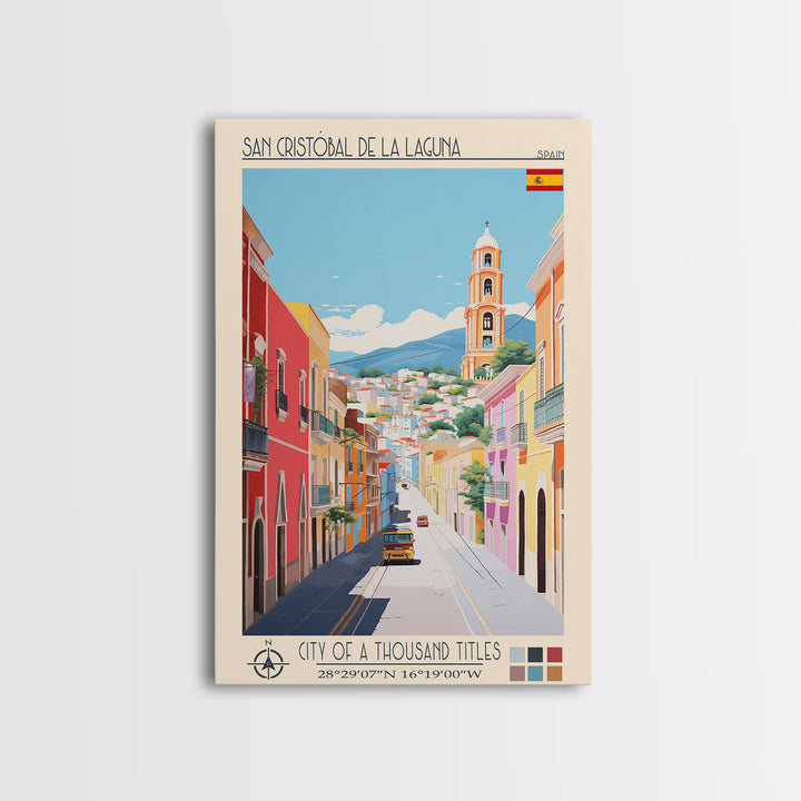 San Cristóbal de La Laguna Spain Travel Poster Framed Canvas Print, Midcentury Modern Art, Pop Art Wall Decor, Bedroom Decor, Scenic Art