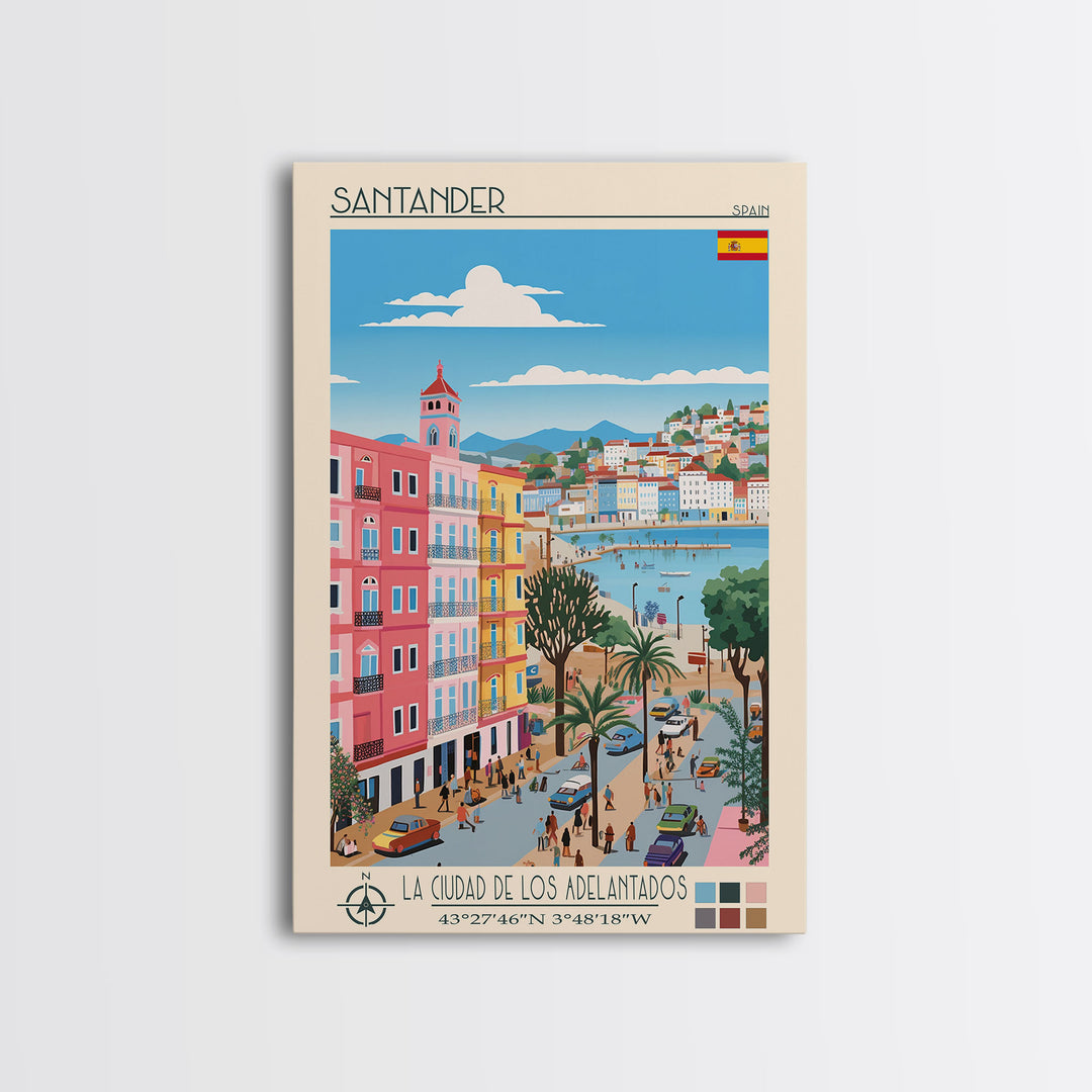 Santander Spain Travel Poster Framed Canvas Print, Midcentury Modern Art, Pop Art Wall Decor, Scenic Wall Art, Vacation Gift