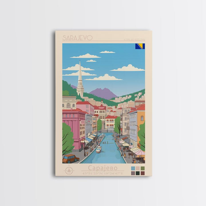 Sarajevo Bosnia and Herzegovina Travel Poster Framed Canvas Print, Midcentury Modern Art, Pop Art Wall Decor, Home Decor, Office Decoration