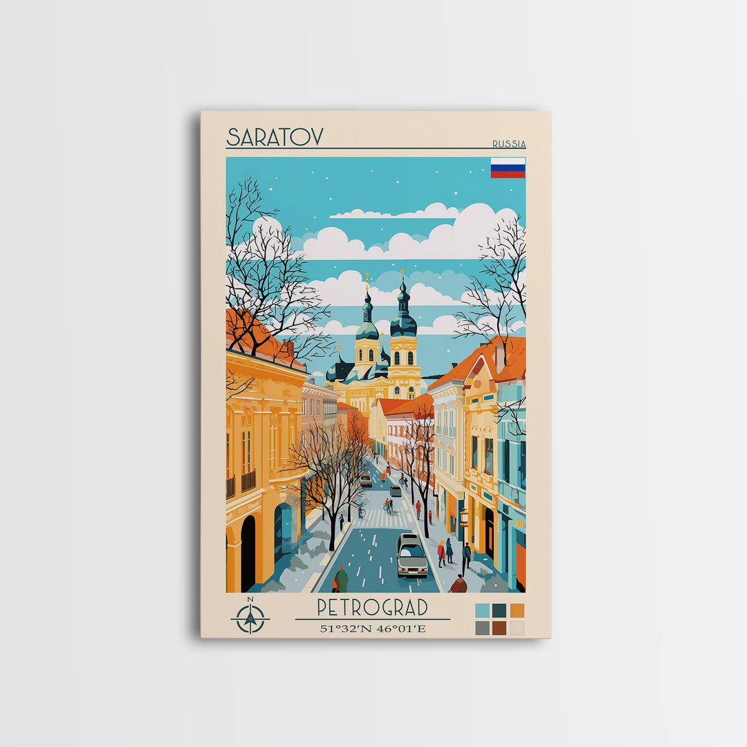 Saratov Russia Travel Poster Framed Canvas Print, Midcentury Modern Art, Pop Art Wall Decor, Home Decor, Vacation Gift