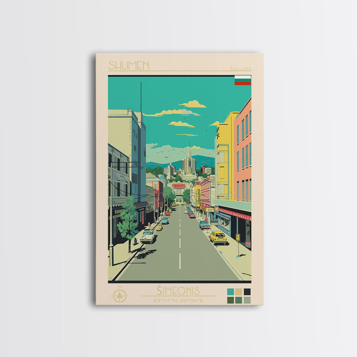Shumen Bulgaria Travel Poster Framed Canvas Print, Midcentury Modern Art, Pop Art Wall Decor, Home Decor, Office Decoration, Scenic Art