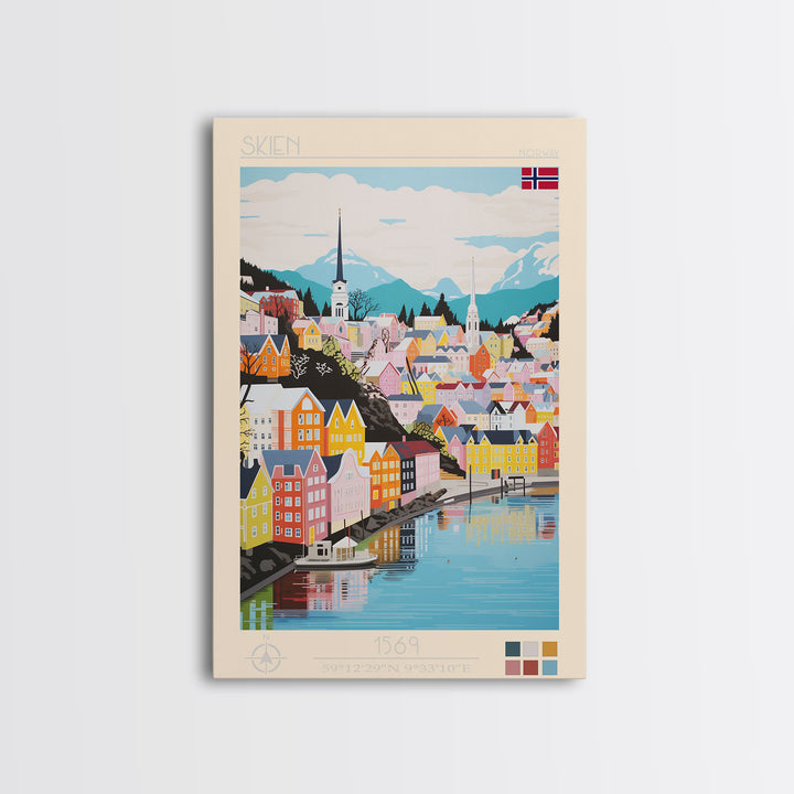Skien Norway Travel Poster Framed Canvas Print, Midcentury Modern Art, Pop Art Wall Decor, Scenic Wall Art, Bedroom Art