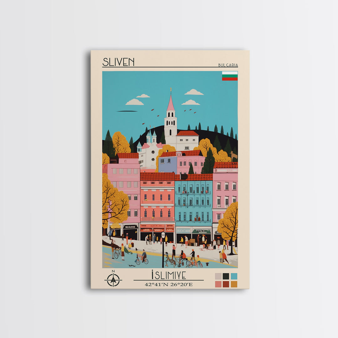 Sliven Bulgaria Travel Poster Framed Canvas Print, Midcentury Modern Art, Pop Art Wall Decor, Living Room Art, Vacation Gift