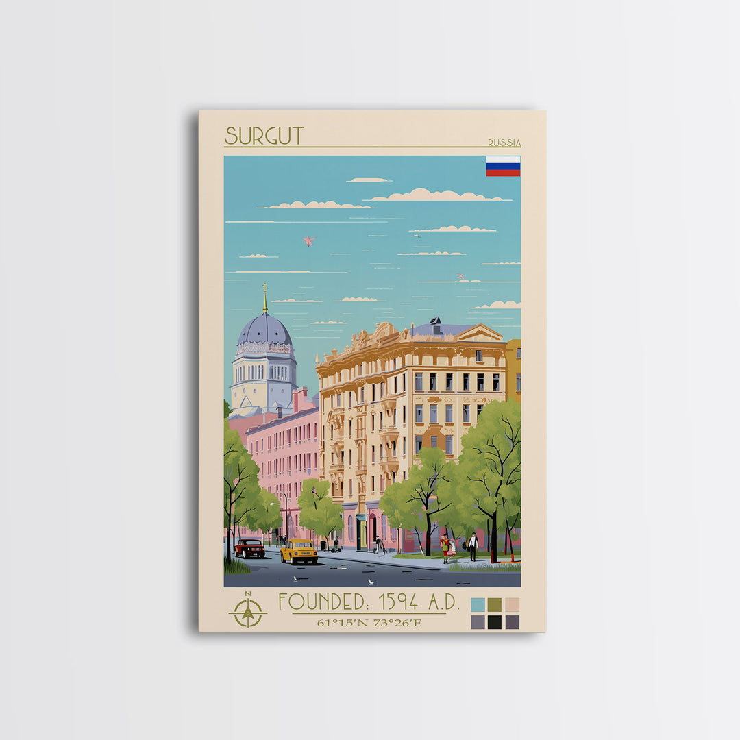 Surgut Russia Travel Poster Framed Canvas Print, Midcentury Modern Art, Pop Art Wall Decor, Living Room Art, Vacation Gift
