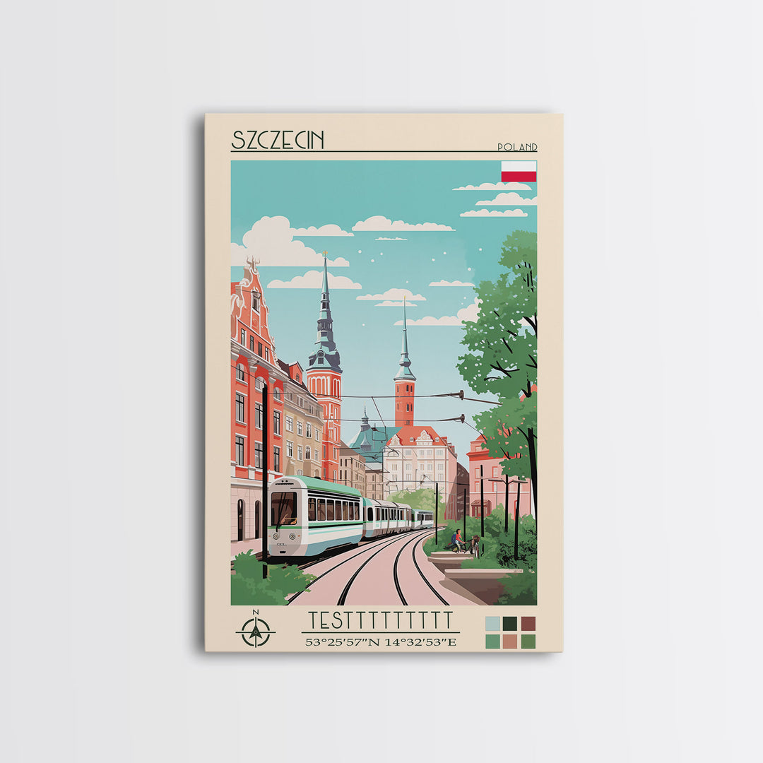 Szczecin Poland Travel Poster Framed Canvas Print, Midcentury Modern Art, Pop Art Wall Decor, Living Room Art, Scenic Wall Art