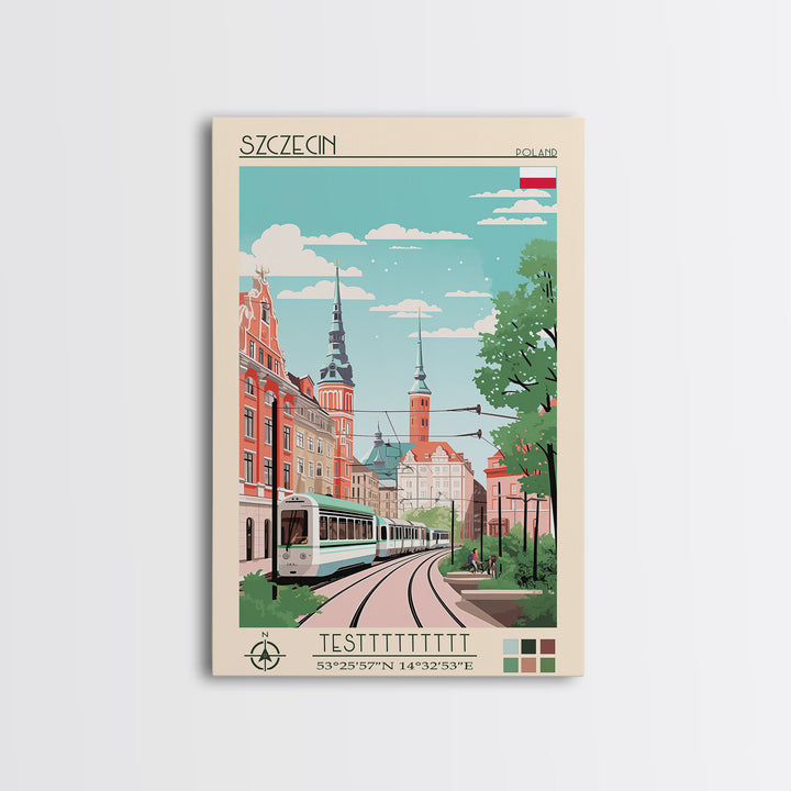 Szczecin Poland Travel Poster Framed Canvas Print, Midcentury Modern Art, Pop Art Wall Decor, Living Room Art, Scenic Wall Art