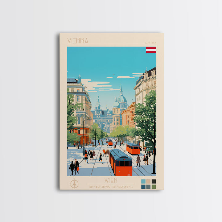 Vienna Austria Travel Poster Framed Canvas Print, Midcentury Modern Art, Pop Art Wall Decor, Living Room Art, Scenic Wall Art