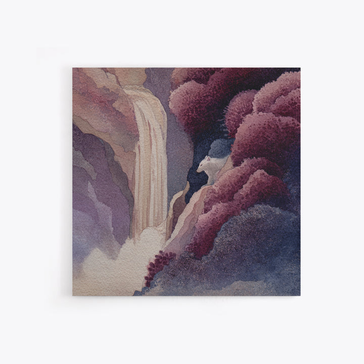 Mythic Waterfall Guarded by White Wolves Framed Canvas Print, Fantasy Art, Dragon Art, Living Room Decor, Watercolor Art, FAN-1x1-24