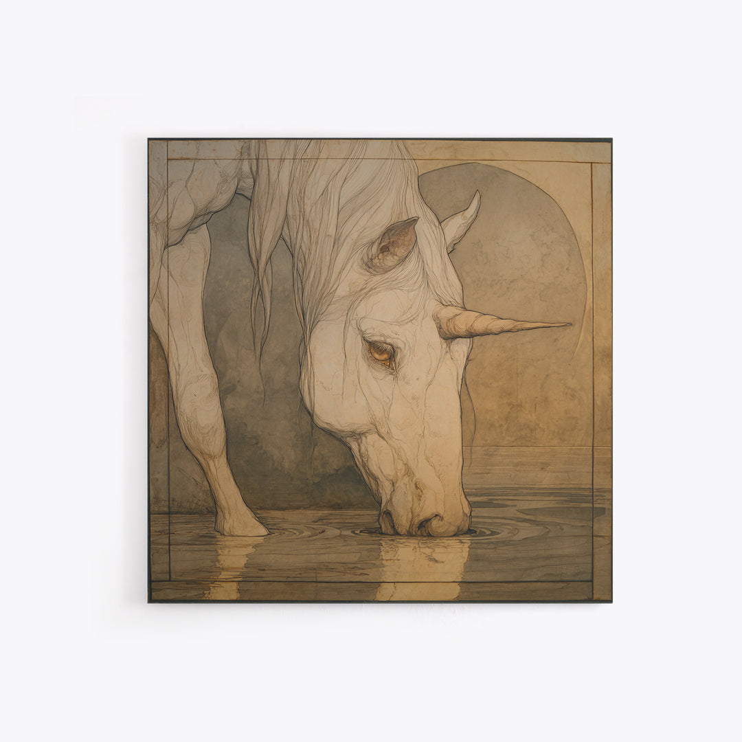 Unicorn Drinking from a Silver Stream Framed Canvas Print, Fantasy Art, Art Print, Living Room Decor, Fine Art, Mythic, FAN-1x1-40
