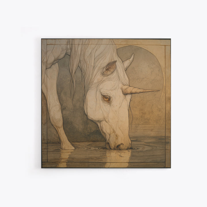 Unicorn Drinking from a Silver Stream Framed Canvas Print, Fantasy Art, Art Print, Living Room Decor, Fine Art, Mythic, FAN-1x1-40