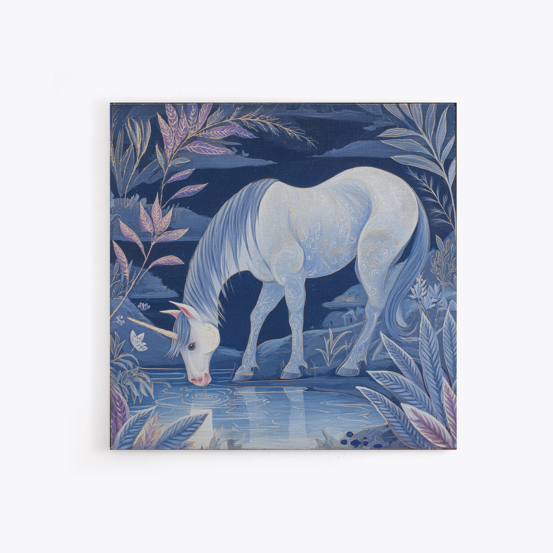 Unicorn Drinking from a Silver Stream Framed Canvas Print, Fantasy Art, Textured Painting, Living Room Decor, Fine Art, Mythic, FAN-1x1-88