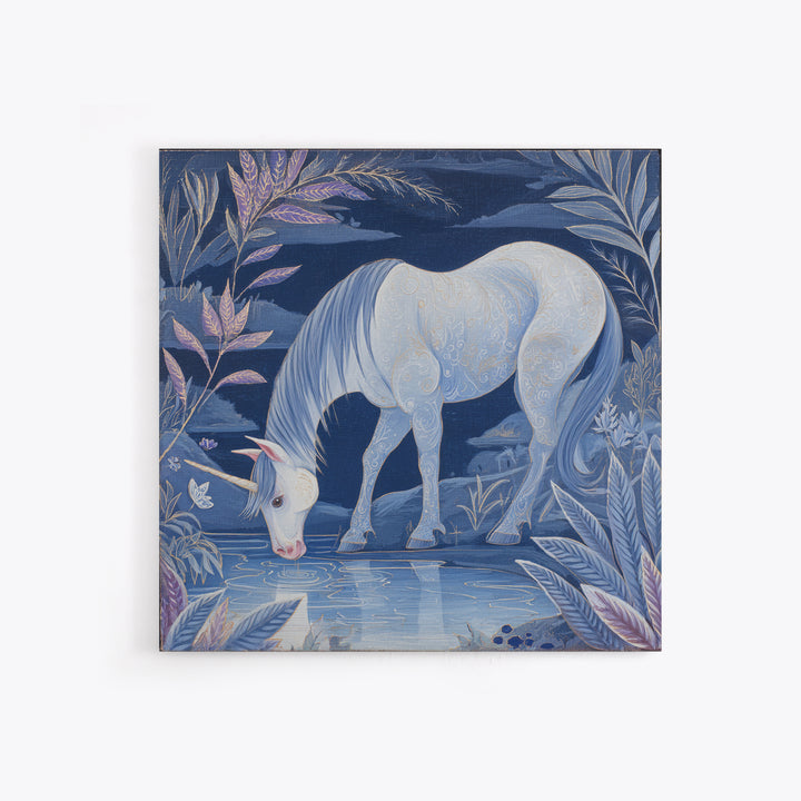 Unicorn Drinking from a Silver Stream Framed Canvas Print, Fantasy Art, Textured Painting, Living Room Decor, Fine Art, Mythic, FAN-1x1-88