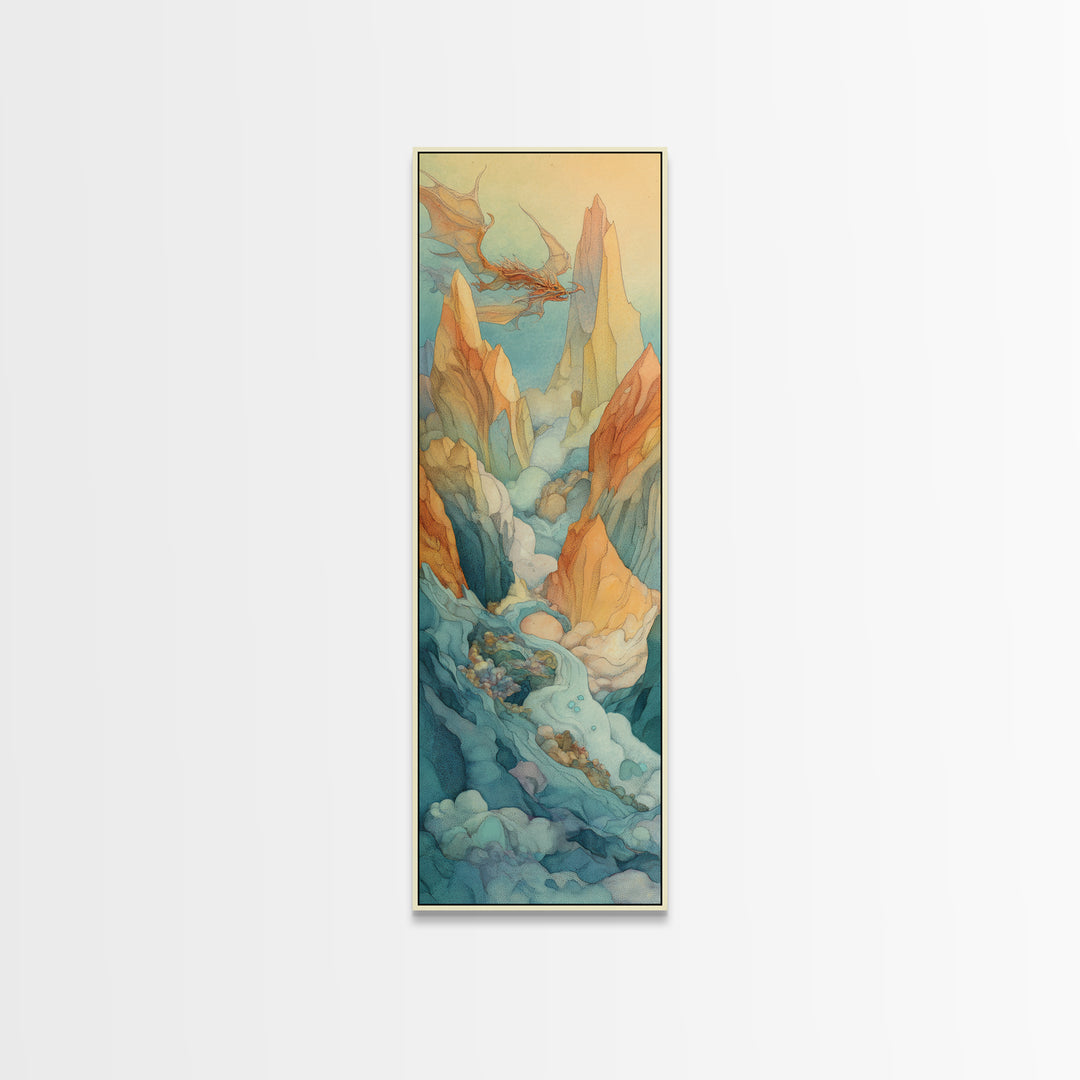 Unicorn Drinking from a Silver Stream Framed Canvas Print, Fantasy Art, Boho Wall Art, Living Room Decor, Oil Painting, Mythic, FAN-1x3-76