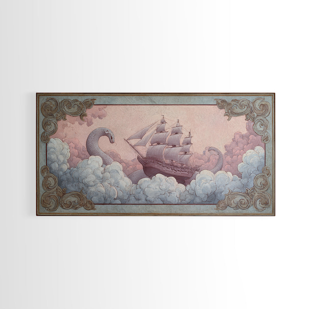 Unicorn Drinking from a Silver Stream Framed Canvas Print, Fantasy Art, Landscape, Living Room Decor, Fine Art, Mythic, FAN-2x1-84