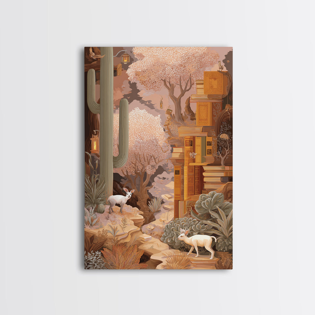 Enchanted Library with Floating Books Framed Canvas Print, Fantasy Art, Statement Artwork, Living Room Decor, Fine Art, Mythic, FAN-2x3-4