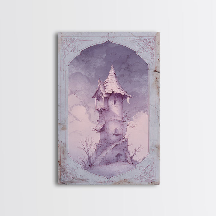 Wizard Tower under a Violet Storm Sky Framed Canvas Print, Fantasy Art, Wall Art, Living Room Decor, Fine Art, Mythic, FAN-2x3-60