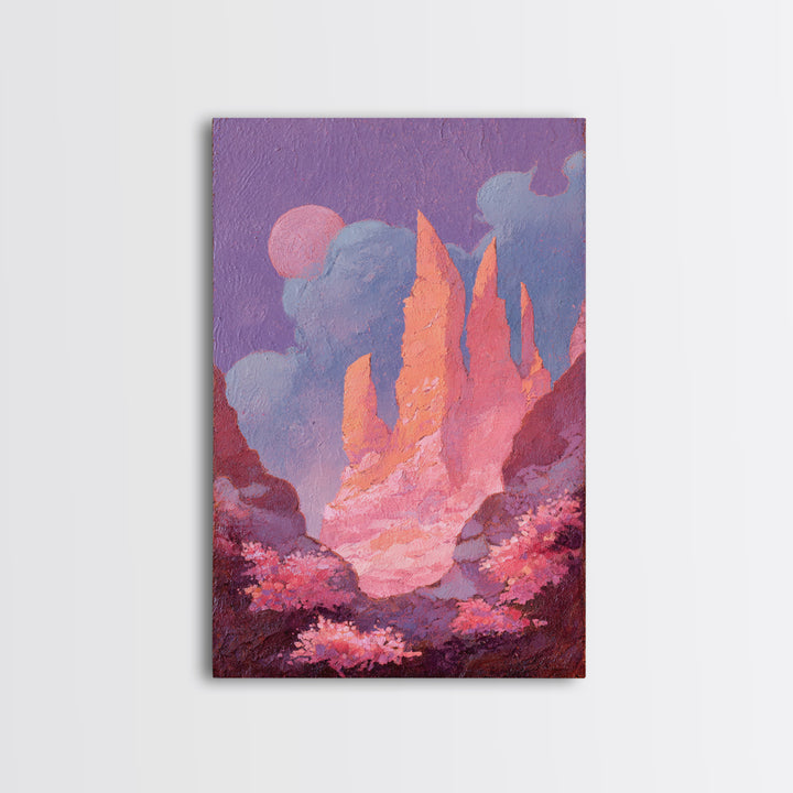 Wizard Tower under a Violet Storm Sky Framed Canvas Print, Fantasy Art, Dragon Art, Living Room Decor, Fine Art, Mythic, FAN-2x3-84