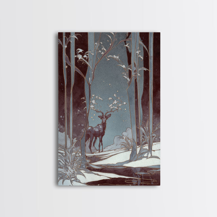 Forest Spirit with Antlers and Glowing Eyes Framed Canvas Print, Fantasy Art, Gallery Decor, Living Room Decor, Mythic, FAN-2x3-92