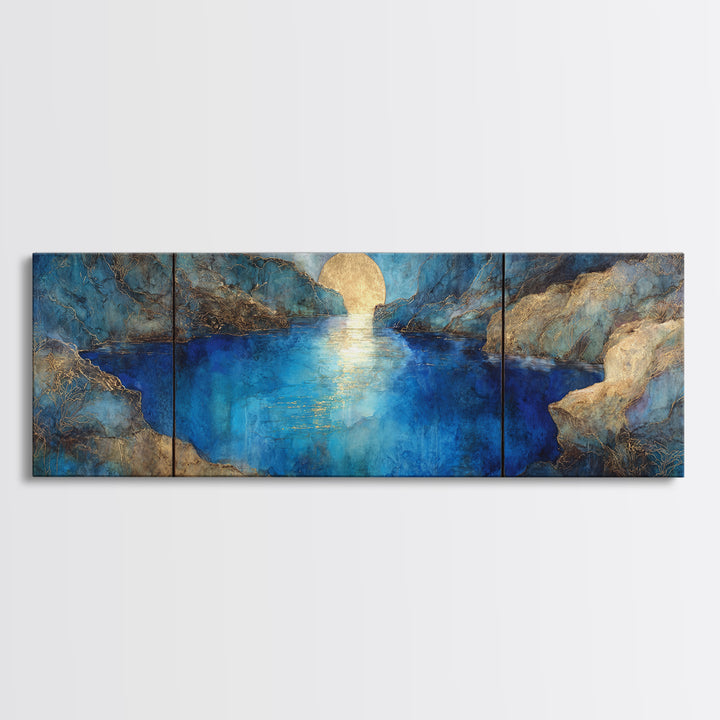 Crystal Cave with Luminous Blue Reflections Canvas Print, Fantasy Art, Art Print, Living Room Decor, Oil Painting, Mythic, FAN-3x1-70