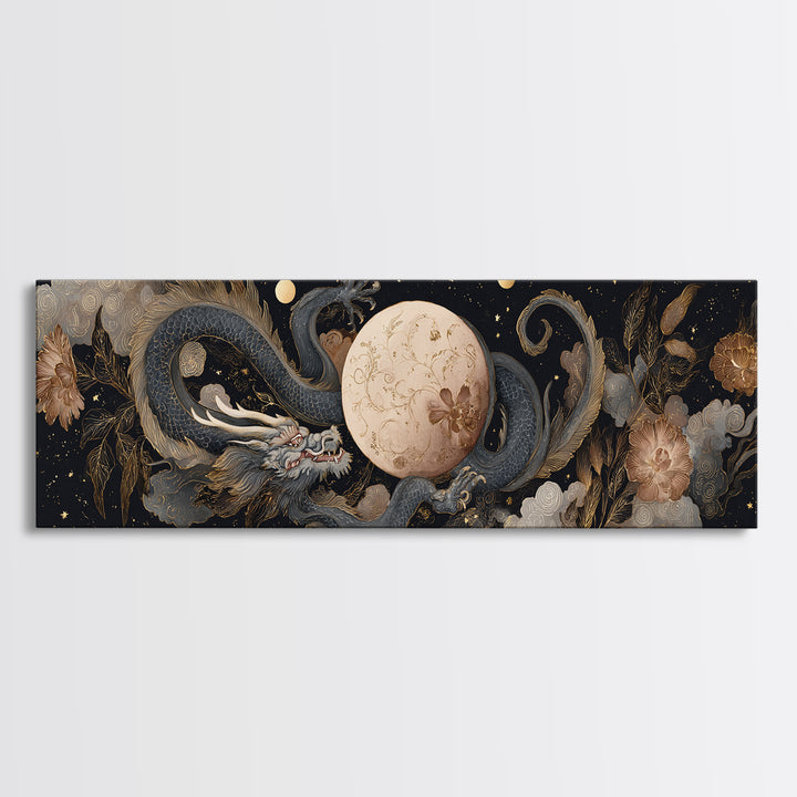 Celestial Dragon Wrapped Around a Moon Canvas Print, Fantasy Art, Art, Living Room Decor, Fine Art, Mythic, Watercolor Painting, FAN-3x1-78