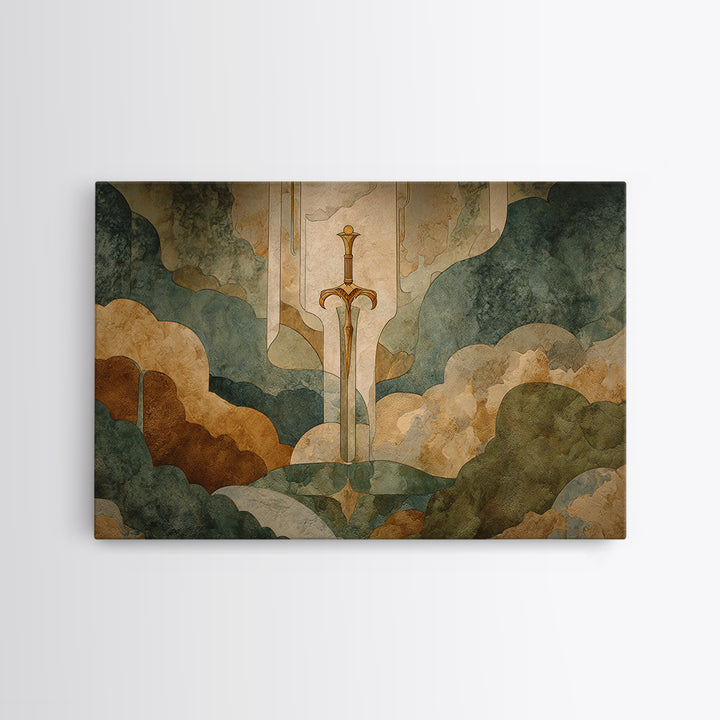 Magic Sword Embedded Framed Canvas Print, Fantasy Art, Neutral Decor, Living Room Decor, Fine Art, Mythic, Wall Art, Home Decor, FAN-3x2-39