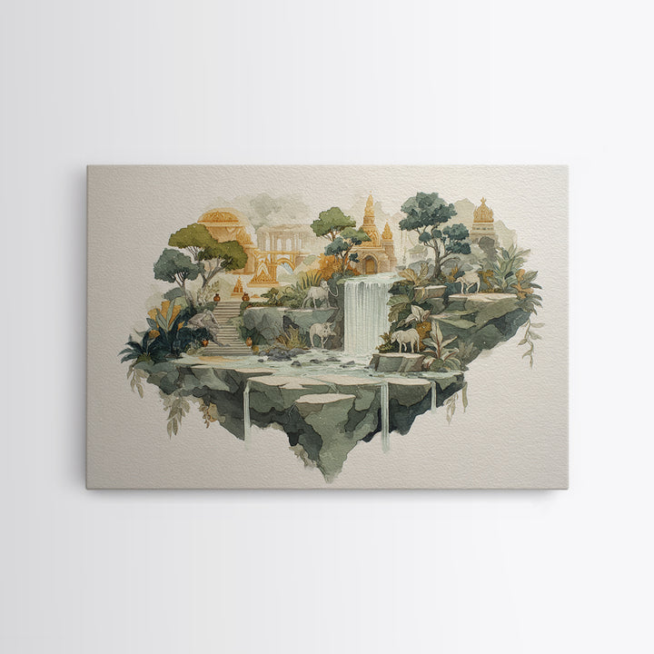 Floating Island with Waterfalls and Ancient Ruins Canvas Print, Fantasy Art, Fantasy Art Print, Living Room Decor, Mythic, FAN-3x2-79