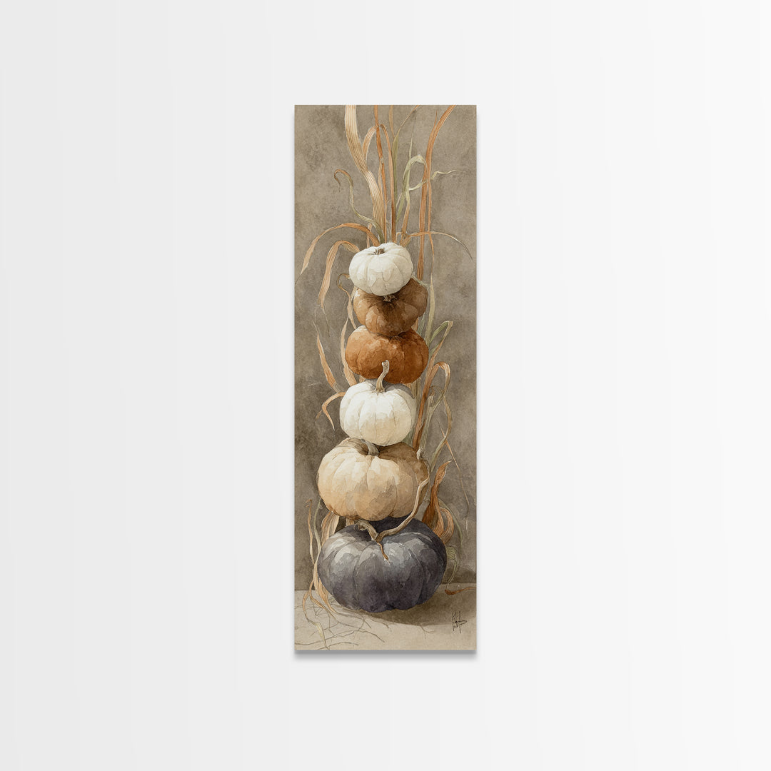 Pumpkins Stacked on a Wooden Crate Canvas Print, Farmhouse Art, Landscape Painting, Farmhouse Decor, Watercolor Art, Harvest, FAR-1x3-1