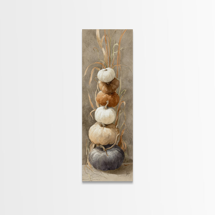 Pumpkins Stacked on a Wooden Crate Canvas Print, Farmhouse Art, Landscape Painting, Farmhouse Decor, Watercolor Art, Harvest, FAR-1x3-1