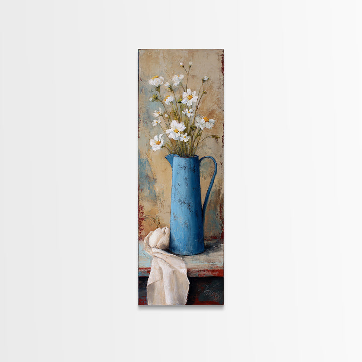 Blue Enamel Pitcher Canvas Print, Farmhouse Art, Sage Green Wall Art, Farmhouse Decor, Oil Painting, Harvest, Gallery Decor, FAR-1x3-100