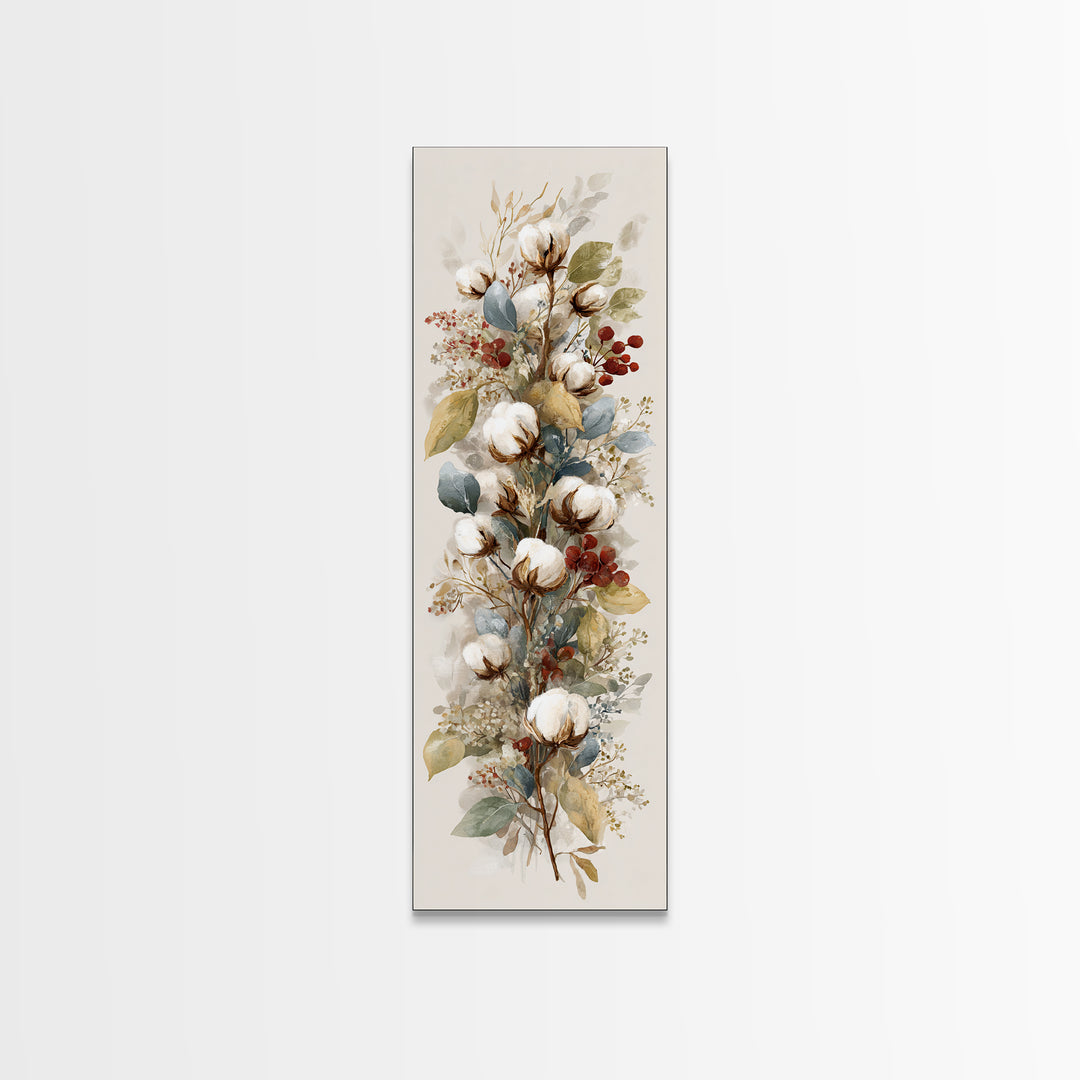 Farmhouse Wreath of Cotton Stems and Eucalyptus Canvas Print, Farmhouse Art, Textured Painting, Farmhouse Decor, Harvest, FAR-1x3-32
