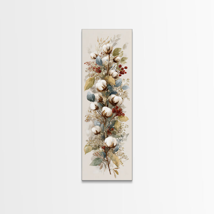 Farmhouse Wreath of Cotton Stems and Eucalyptus Canvas Print, Farmhouse Art, Textured Painting, Farmhouse Decor, Harvest, FAR-1x3-32