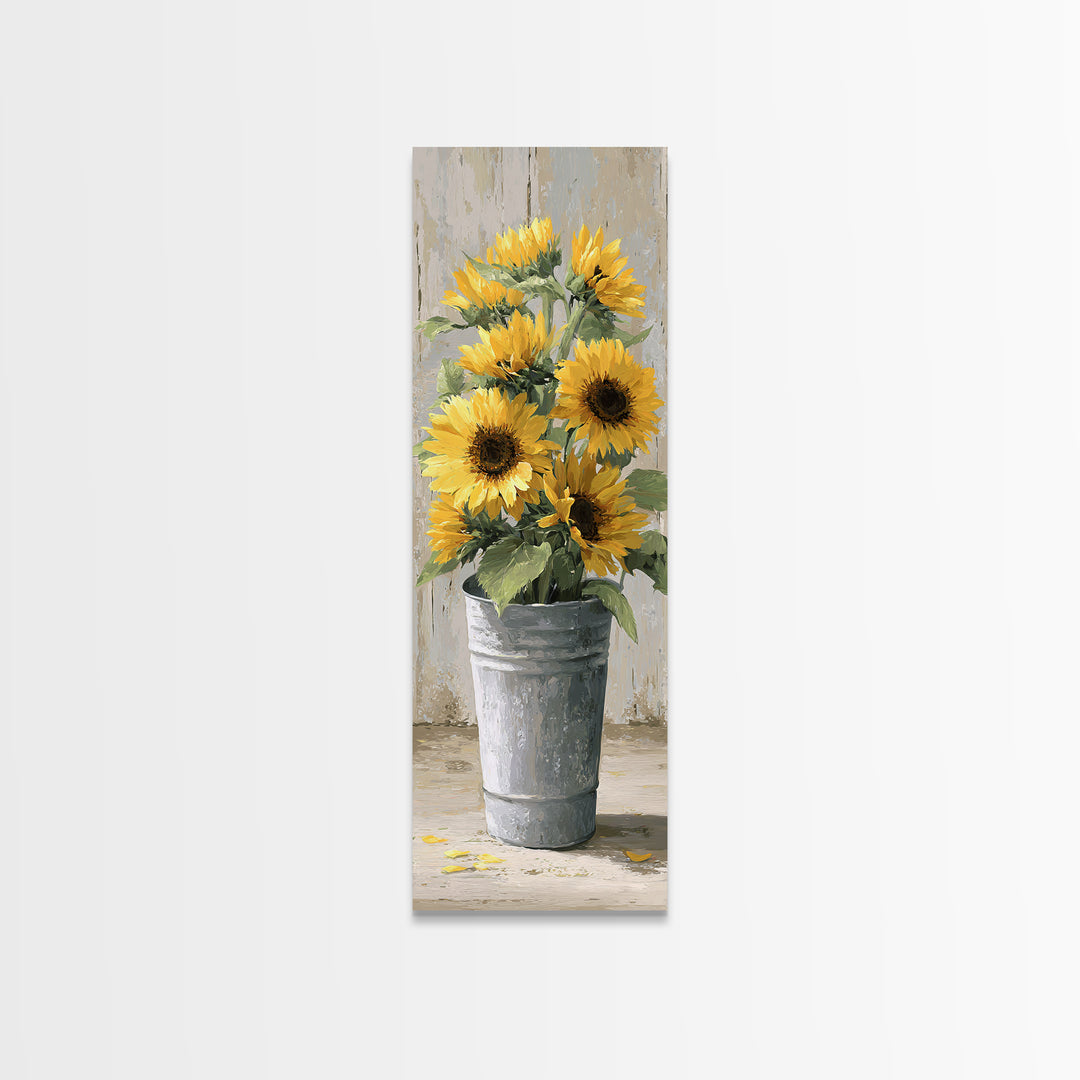 Sunflowers in a Galvanized Metal Bucket Canvas Print, Farmhouse Art, Digital Art, Farmhouse Decor, Oil Painting, Harvest, FAR-1x3-39