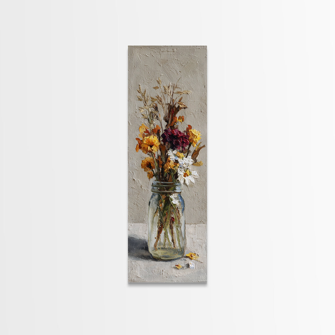 Wildflowers in a Mason Jar on Linen Canvas Print, Farmhouse Art, Printable Wall Art, Farmhouse Decor, Watercolor Art, Harvest, FAR-1x3-43