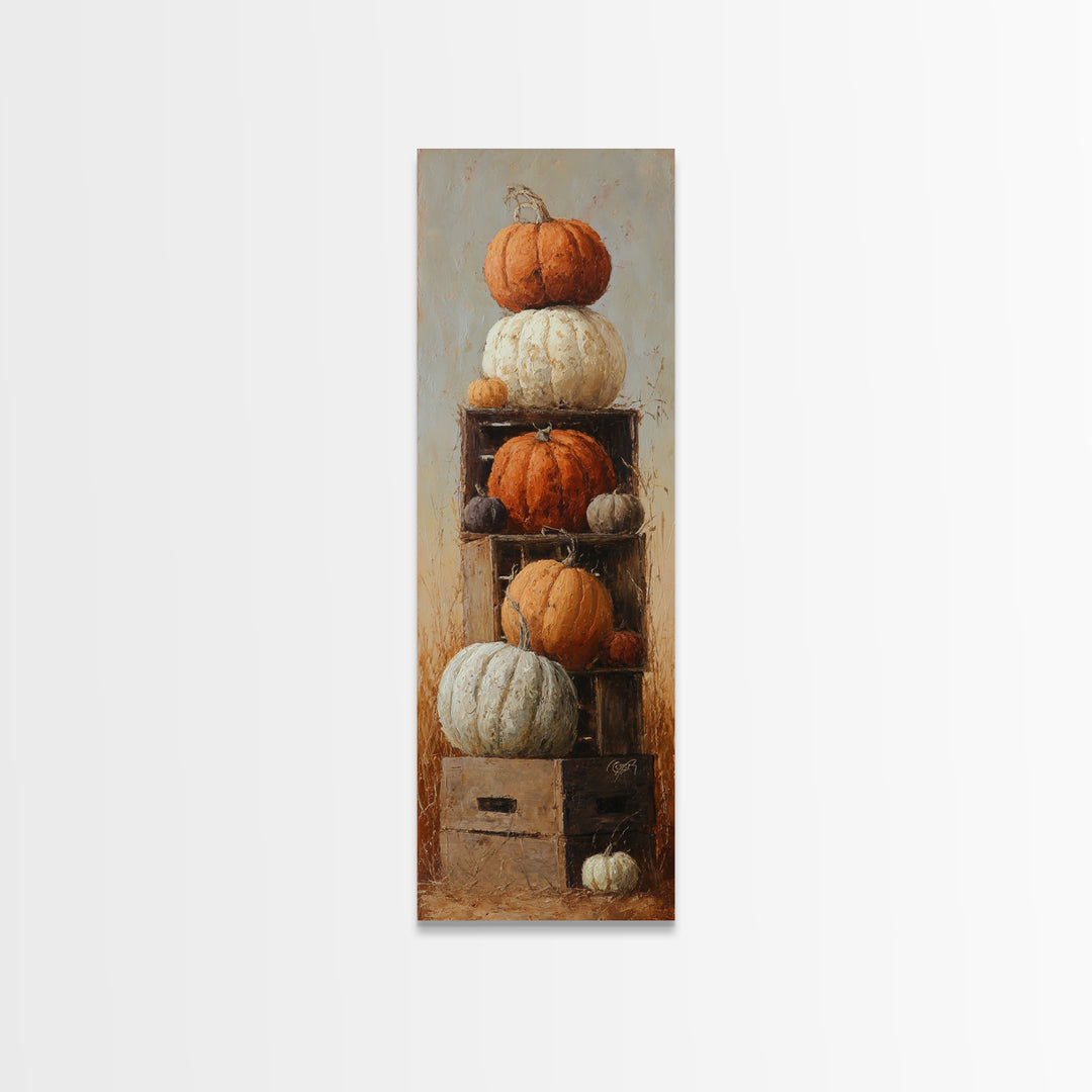 Pumpkins Stacked on a Wooden Crate Canvas Print, Farmhouse Art, Gallery Wall, Farmhouse Decor, Fine Art, Harvest, Art Print, FAR-1x3-49