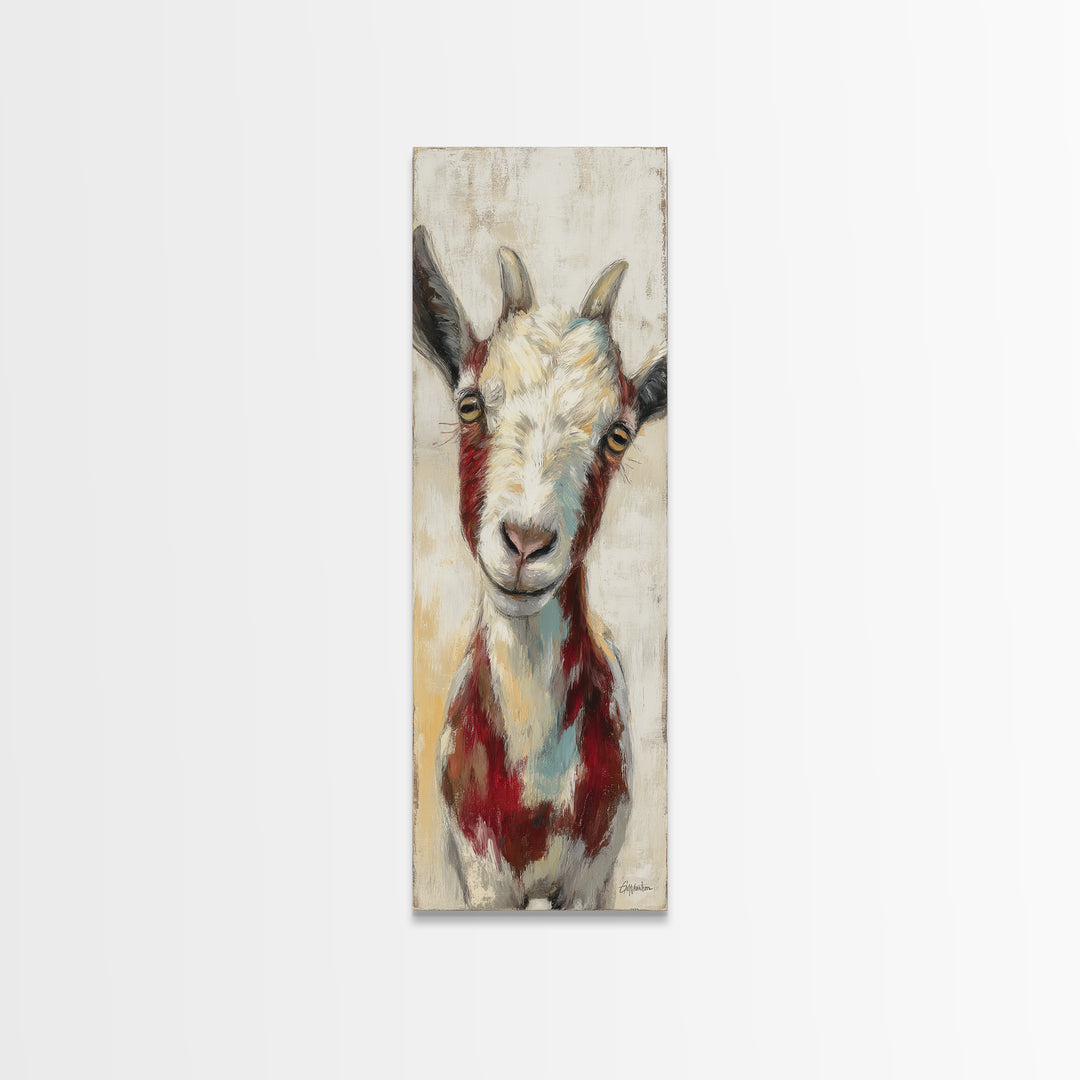 Goat Portrait with Playful Expression Framed Canvas Print, Farmhouse Art, Landscape Painting, Farmhouse Decor, Oil Painting, FAR-1x3-54