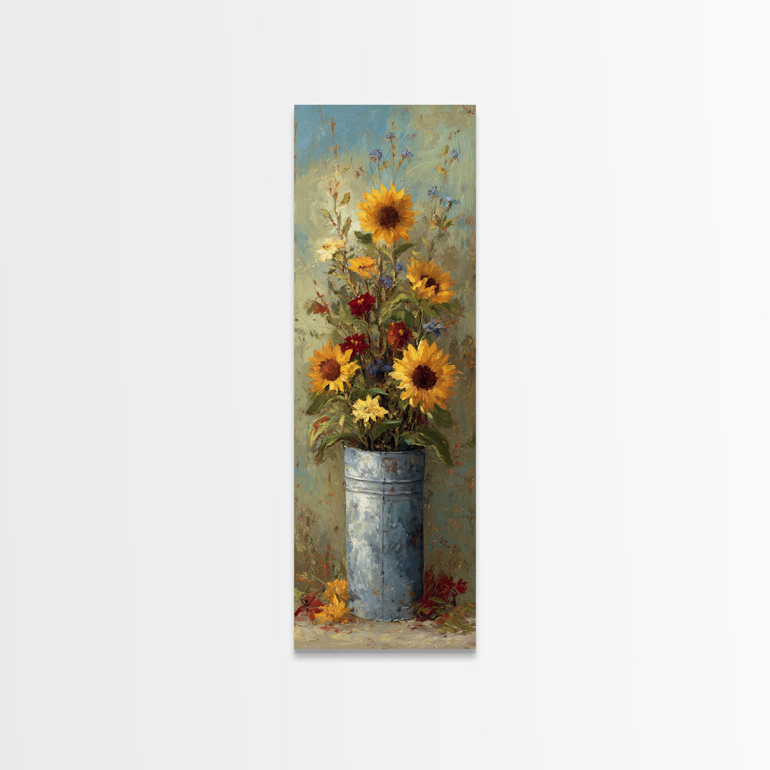 Sunflowers in a Galvanized Metal Bucket Canvas Print, Farmhouse Art, Sage Green Wall Art, Farmhouse Decor, Watercolor Art, FAR-1x3-63