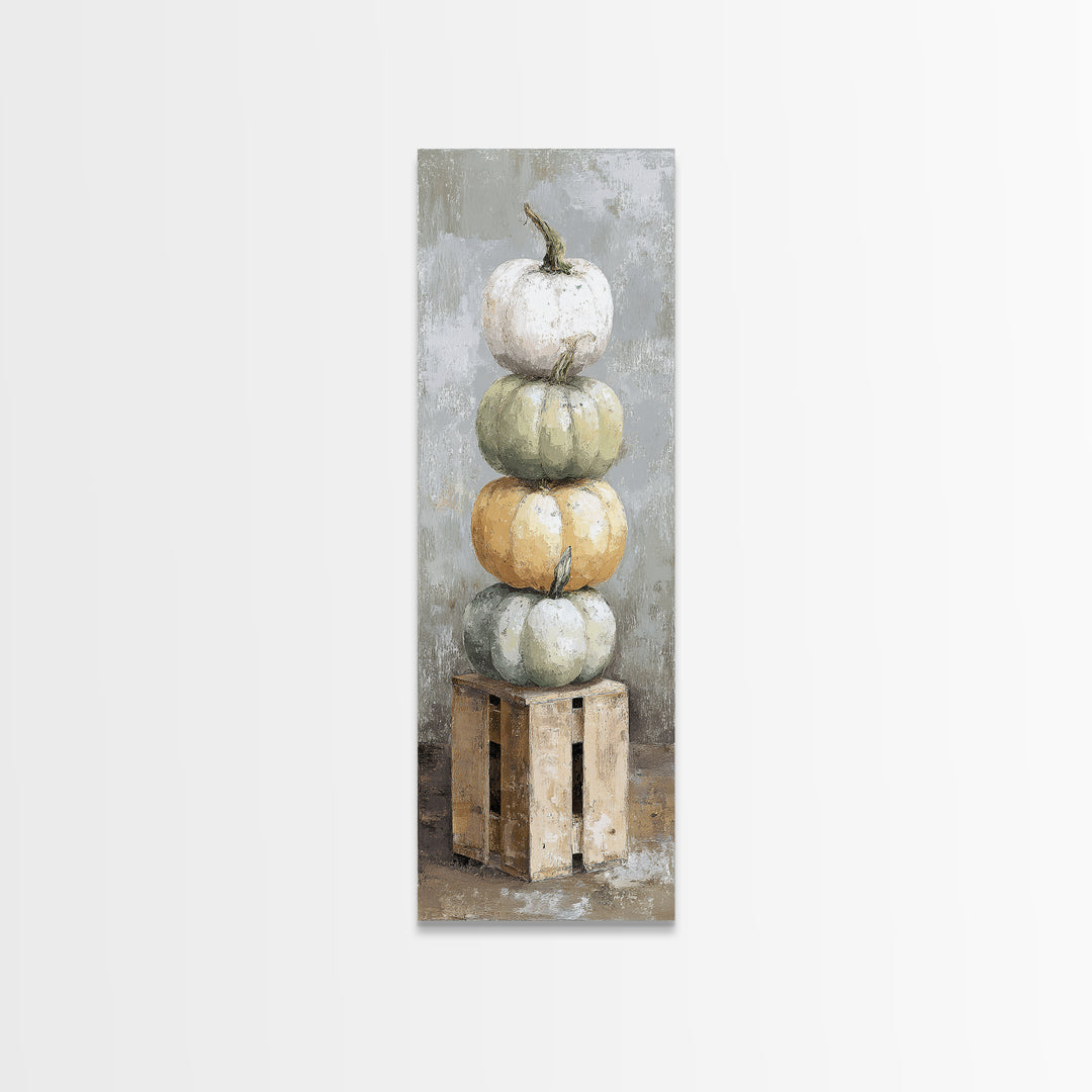 Pumpkins Stacked on a Wooden Crate Canvas Print, Farmhouse Art, Digital Prints, Farmhouse Decor, Harvest, Watercolor Painting, FAR-1x3-73