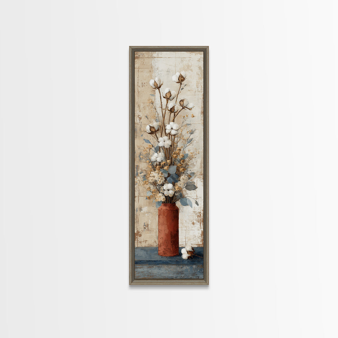 Farmhouse Wreath of Cotton Stems and Eucalyptus Framed Canvas Print, Farmhouse Art, Farmhouse Decor, Fine Art, Harvest, FAR-1x3-80