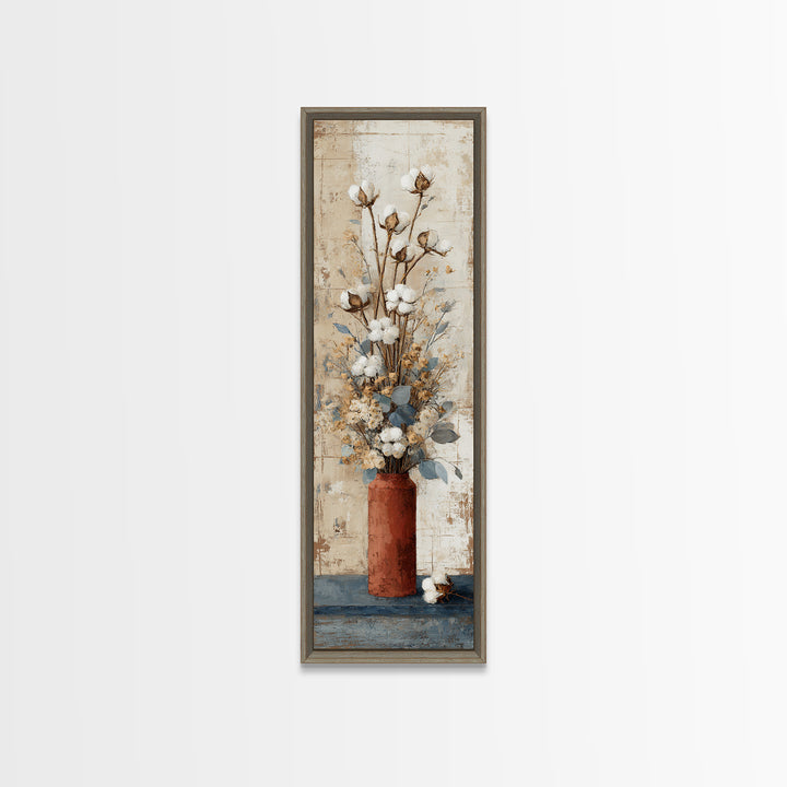 Farmhouse Wreath of Cotton Stems and Eucalyptus Framed Canvas Print, Farmhouse Art, Farmhouse Decor, Fine Art, Harvest, FAR-1x3-80