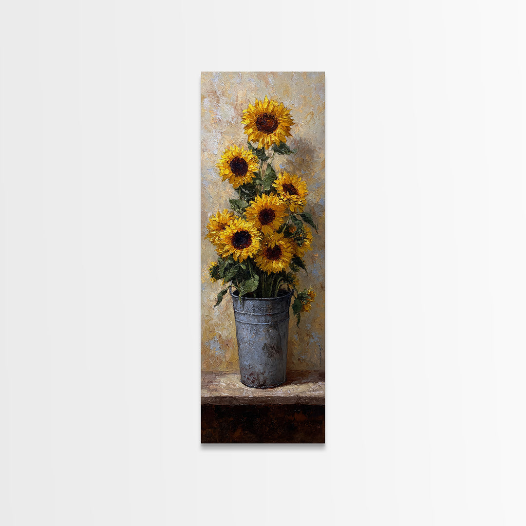 Sunflowers in a Galvanized Metal Bucket Framed Canvas Print, Farmhouse Art, Landscape Painting, Farmhouse Decor, Harvest, FAR-1x3-87
