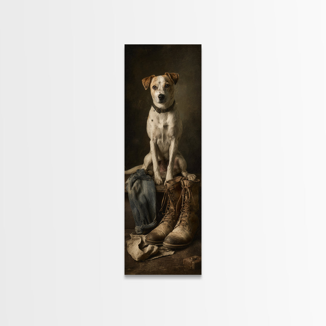 Farm Dog Lying Beside Weathered Boots Canvas Print, Farmhouse Art, Minimalist Decor, Farmhouse Decor, Fine Art, Harvest, FAR-1x3-93