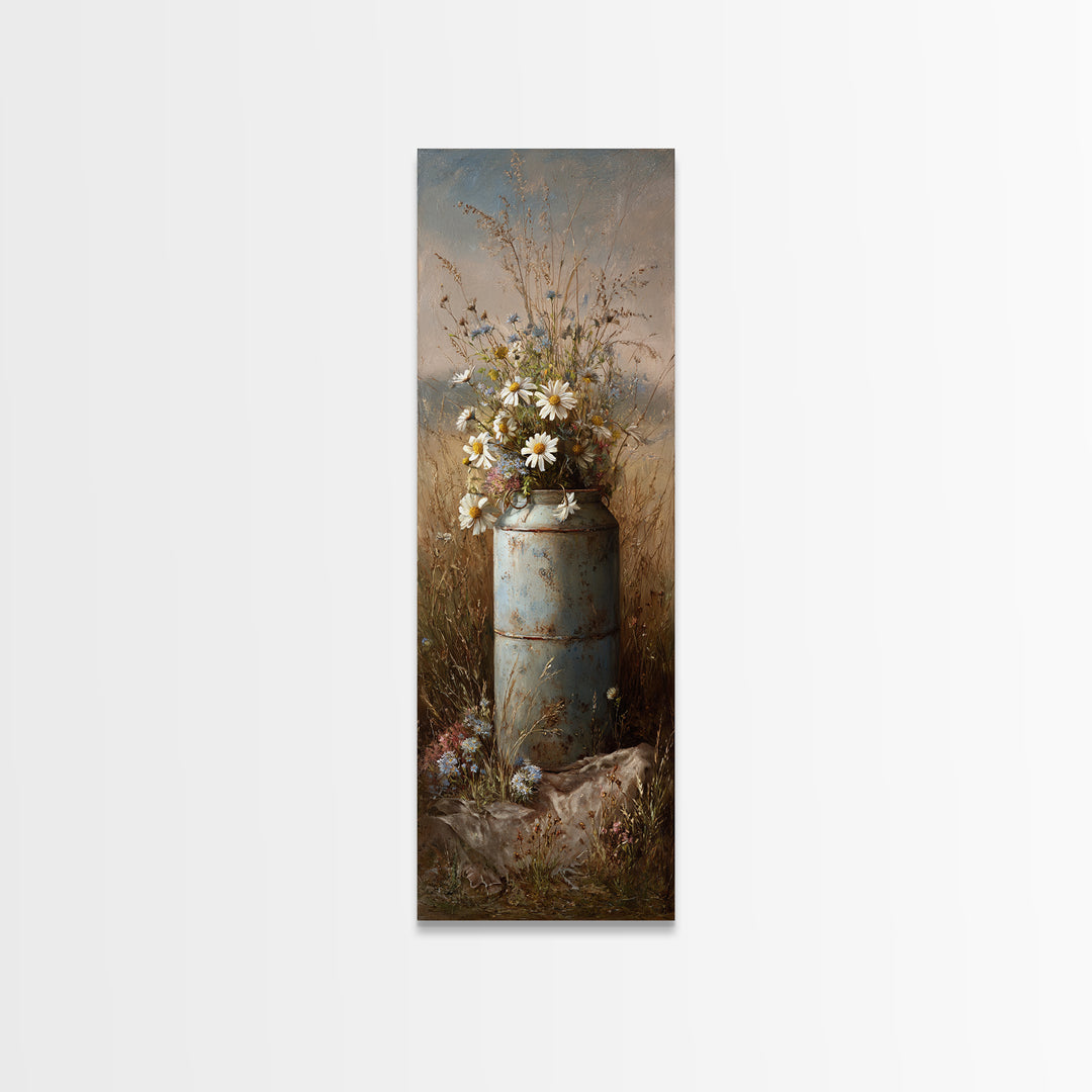 Old Milk Can Framed Canvas Print, Farmhouse Art, Watercolor Painting, Farmhouse Decor, Abstract Art, Harvest, Botanical Art, FAR-1x3-96