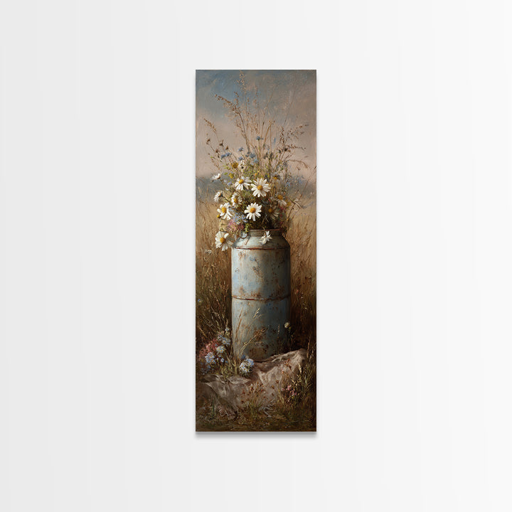 Old Milk Can Framed Canvas Print, Farmhouse Art, Watercolor Painting, Farmhouse Decor, Abstract Art, Harvest, Botanical Art, FAR-1x3-96