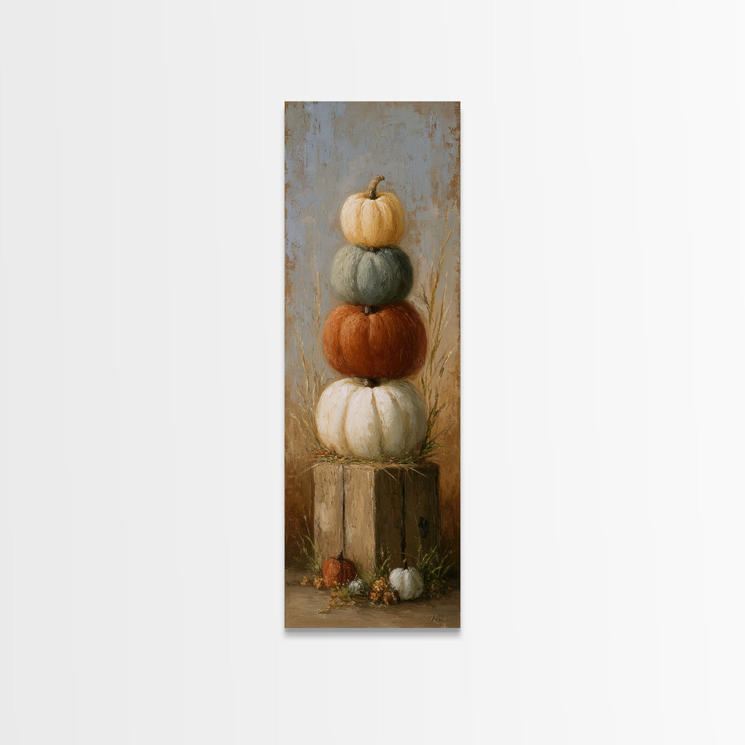 Pumpkins Stacked on a Wooden Crate Canvas Print, Farmhouse Art, Landscape Art, Farmhouse Decor, Oil Painting, Harvest, FAR-1x3-97