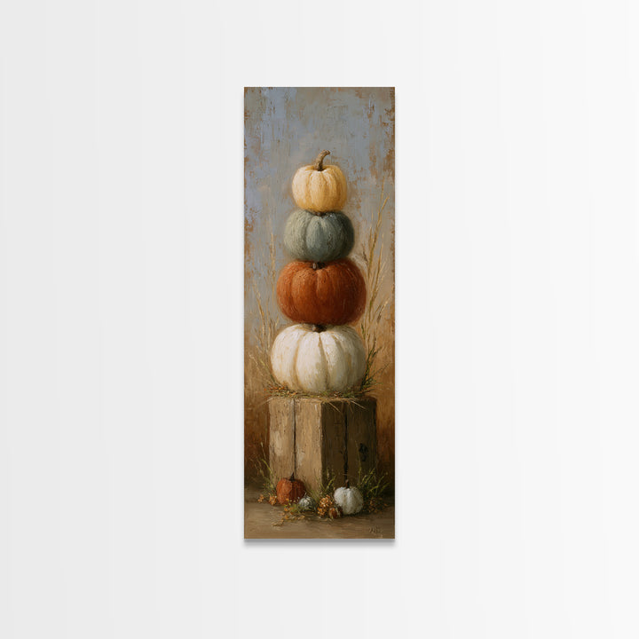 Pumpkins Stacked on a Wooden Crate Canvas Print, Farmhouse Art, Landscape Art, Farmhouse Decor, Oil Painting, Harvest, FAR-1x3-97