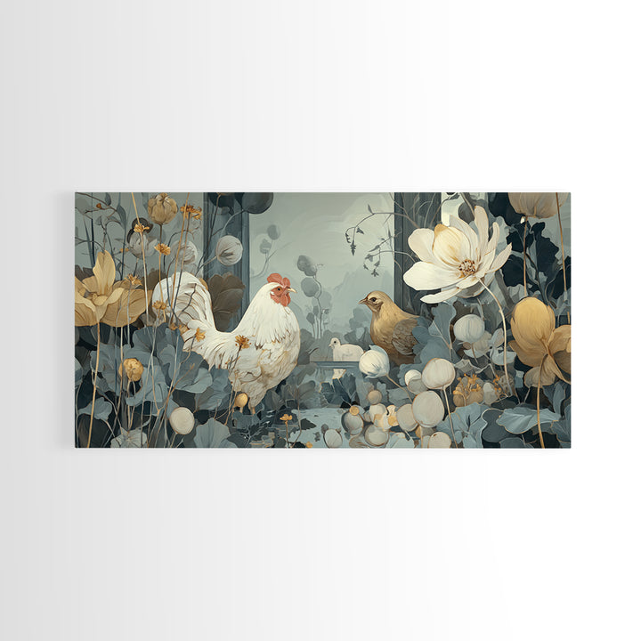 Chicken Family in a Garden Patch Framed Canvas Print, Farmhouse Art, Sage Green Wall Art, Farmhouse Decor, Fine Art, Harvest, FAR-2x1-11