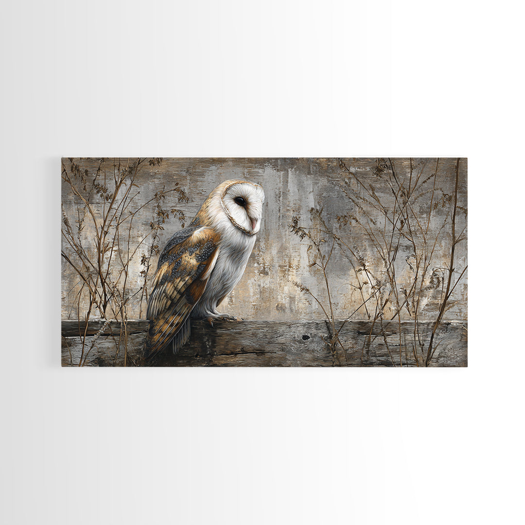 Barn Owl Perched on Aged Wood Framed Canvas Print, Farmhouse Art, Gallery Wall, Farmhouse Decor, Fine Art, Harvest, Art Print, FAR-2x1-19