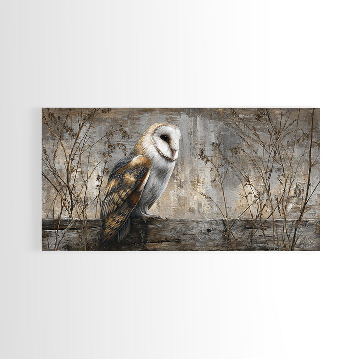 Barn Owl Perched on Aged Wood Framed Canvas Print, Farmhouse Art, Gallery Wall, Farmhouse Decor, Fine Art, Harvest, Art Print, FAR-2x1-19