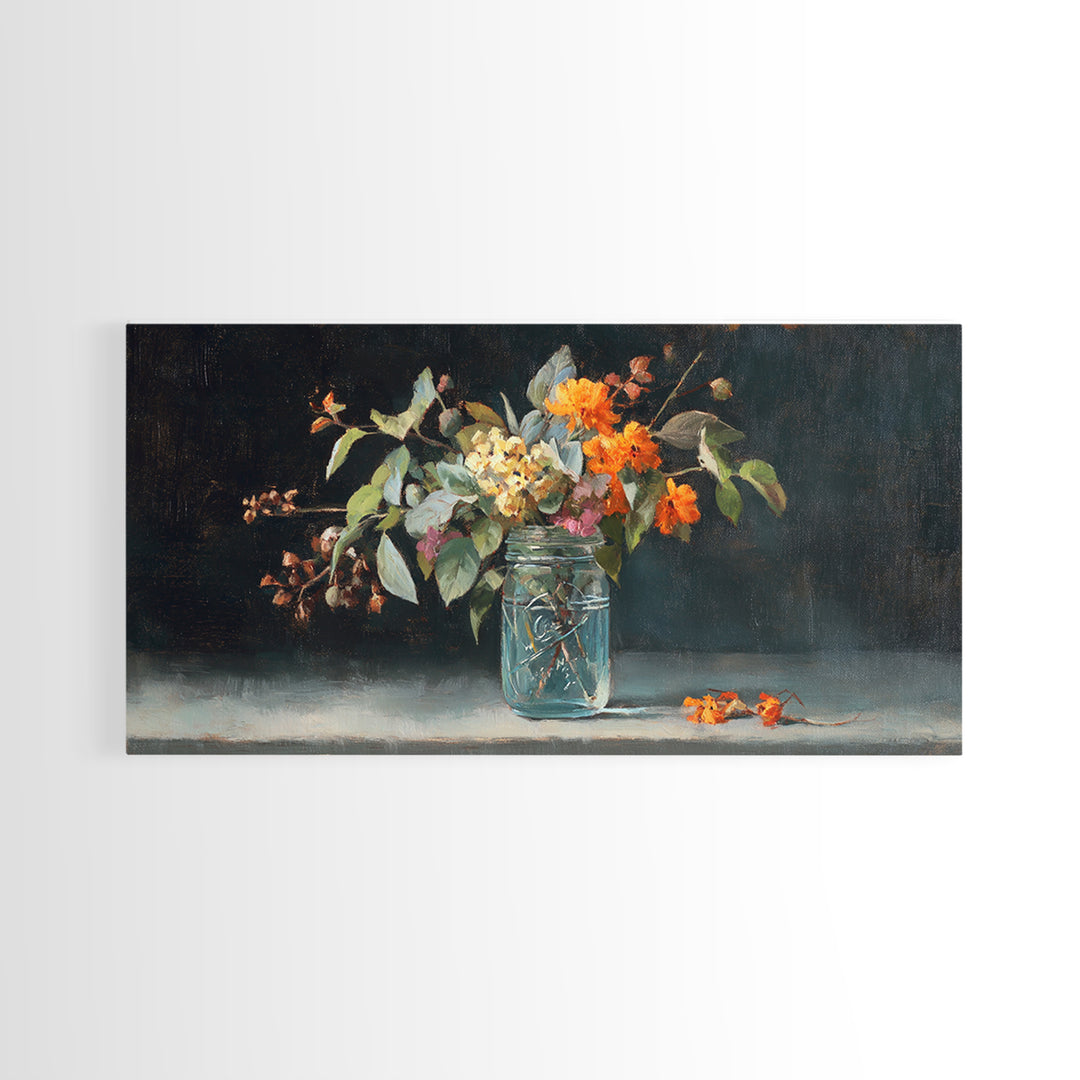 Wildflowers in a Mason Jar on Linen Framed Canvas Print, Farmhouse Art, Fine Art Print, Farmhouse Decor, Fine Art, Harvest, FAR-2x1-27